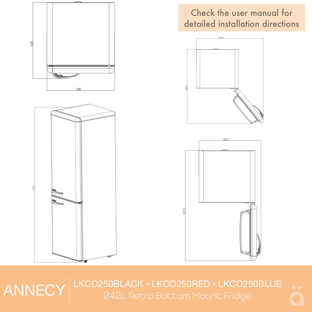 Annecy 242L Retro Bottom Mount Fridge Blue LKCO250BLUE - Image 14