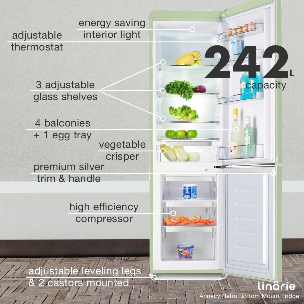 Annecy 242L Retro Bottom Mount Fridge Green LKCO250GREEN - Image 9