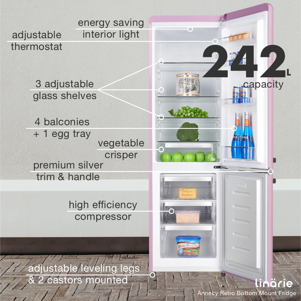 Annecy 242L Retro Bottom Mount Fridge Pink LKCO250PINK - Image 8