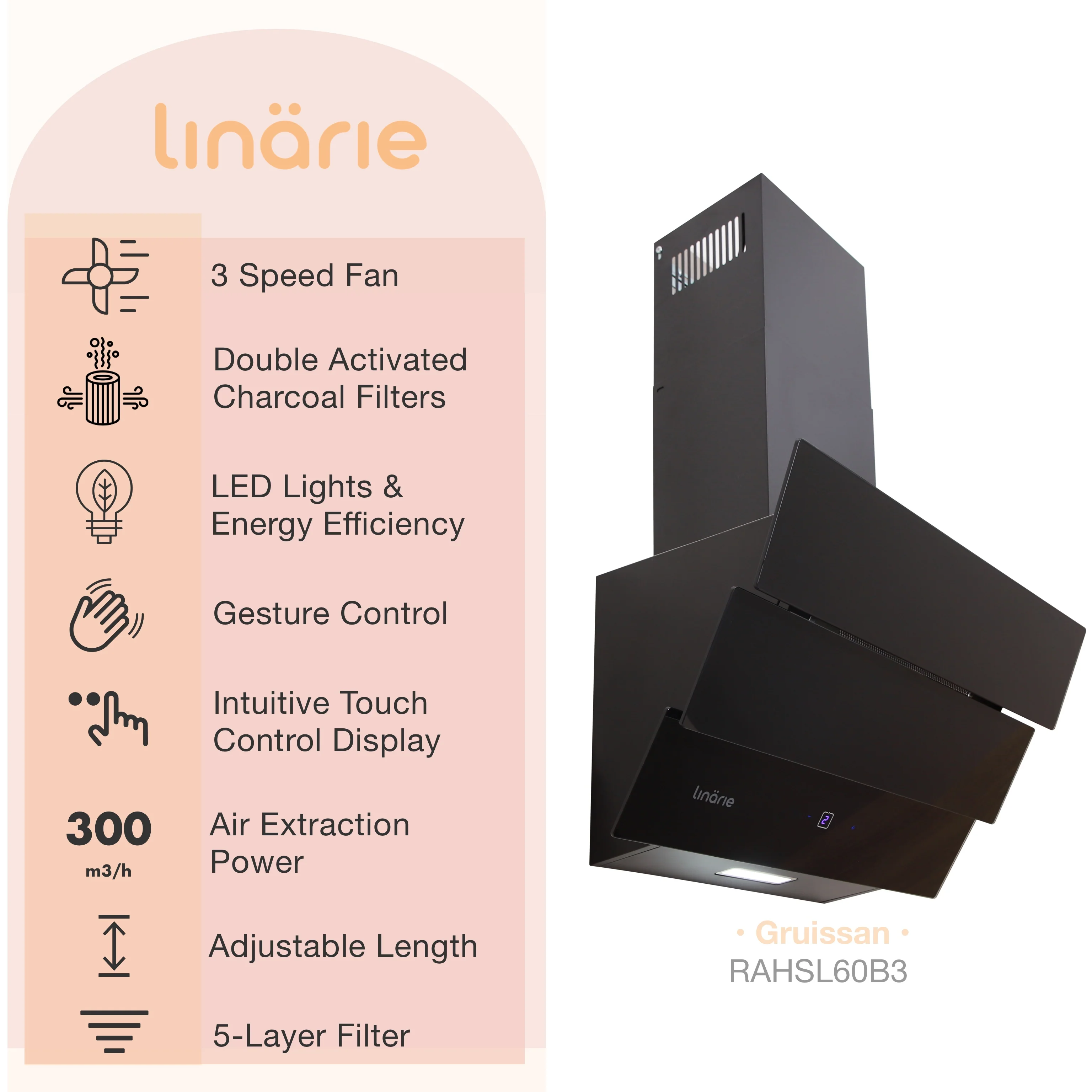 Gruissan 60cm Angled Canopy Wall-Mounted Rangehood with Gesture Control RAHSL60B3 - Image 4