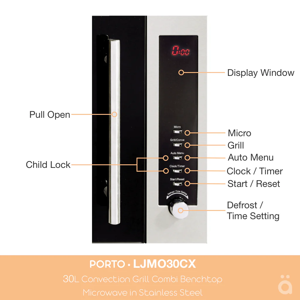 Porto 30L Convection Grill Combi Benchtop Microwave in Stainless Steel LJMO30CX  [only available in QLD/SA and WA] - Image 3