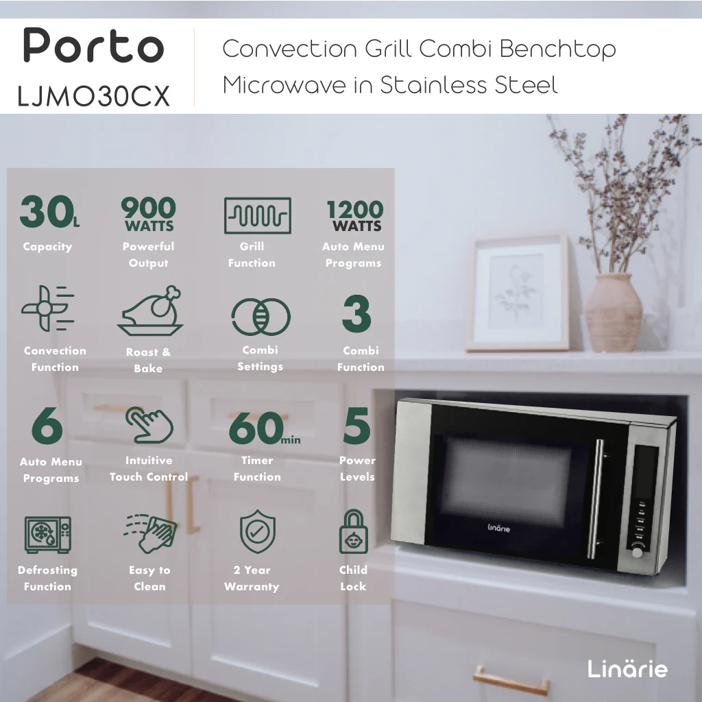 Porto 30L Convection Grill Combi Benchtop Microwave in Stainless Steel LJMO30CX  [only available in QLD/SA and WA] - Image 6