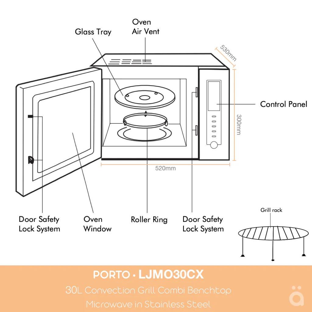 Porto 30L Convection Grill Combi Benchtop Microwave in Stainless Steel LJMO30CX  [only available in QLD/SA and WA] - Image 8